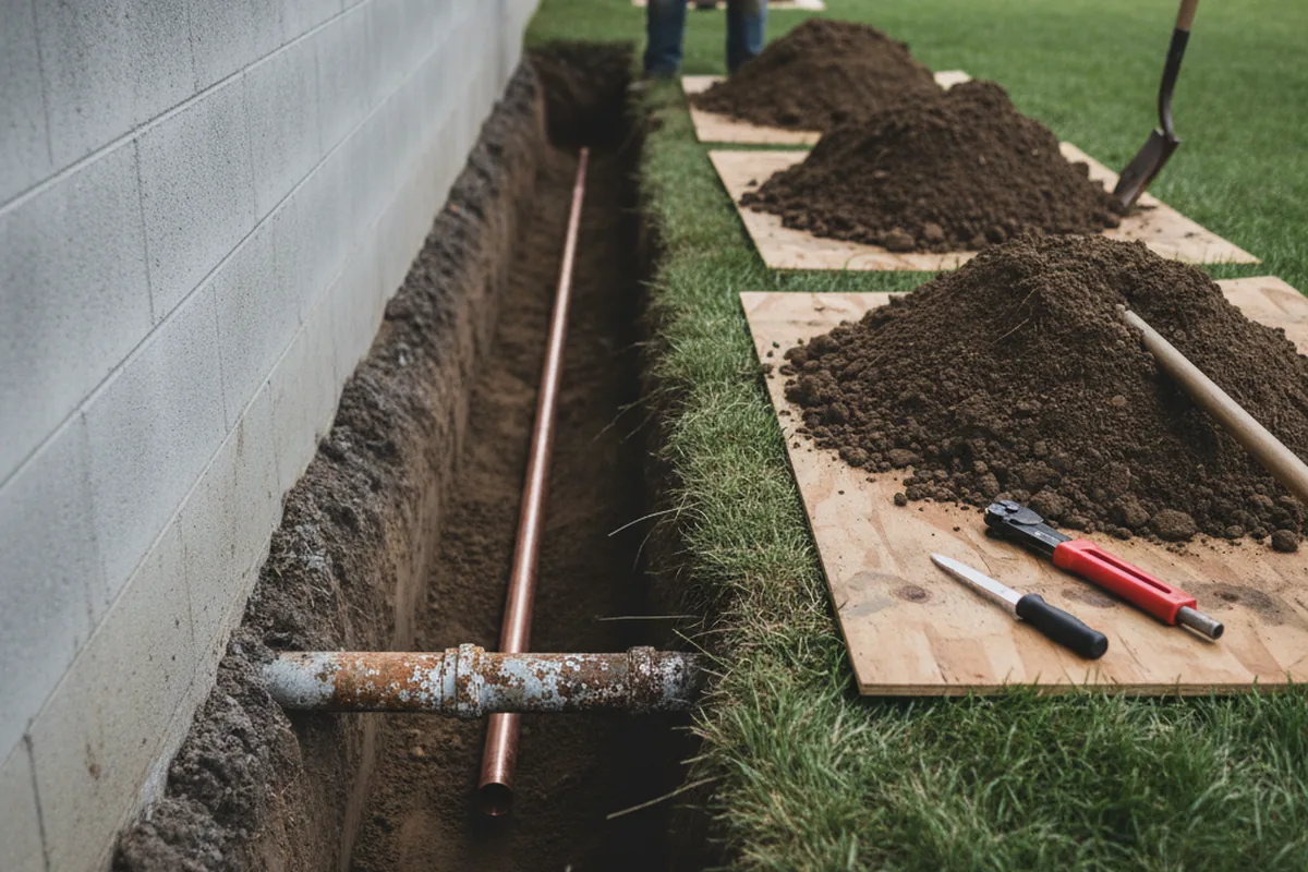 Excavated water line trench during Water Heater Repair in Springtown
